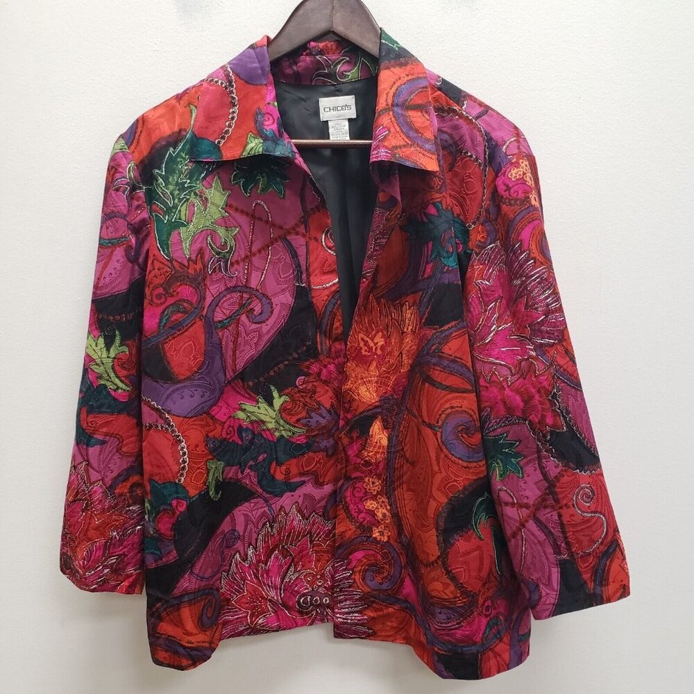 Chicos Womens Artsy Open Front Blazer Size XL 3 Red Silk Floral Collar Career